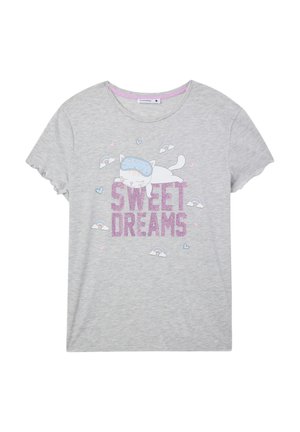 T-shirt grigio a maniche corte con grafica di un gatto che dorme, "SWEET DREAMS" in rosa glitter, circondato da arcobaleni e cuori.