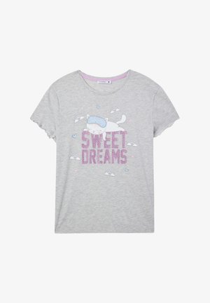 T-shirt grigio a maniche corte con grafica di un gatto che dorme, "SWEET DREAMS" in rosa glitter, circondato da arcobaleni e cuori.