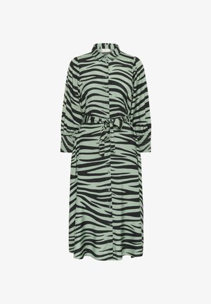 Long green dress with black zebra stripes, featuring a button-down front, collar, and a tie belt at the waist. Long sleeves with buttoned cuffs.