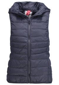 Marineblauer Puffer-Weste mit hohem Kragen, durchgehendem Reißverschluss und horizontalen Nähten. Leichtes Material mit glatter Textur.