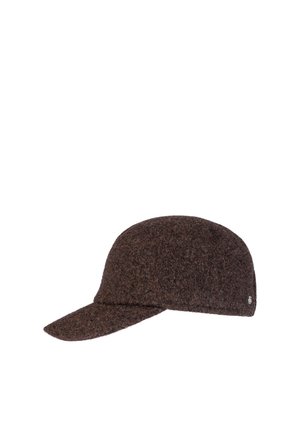 Dark brown wool baseball cap with a slightly curved brim and a small metallic logo on the side.