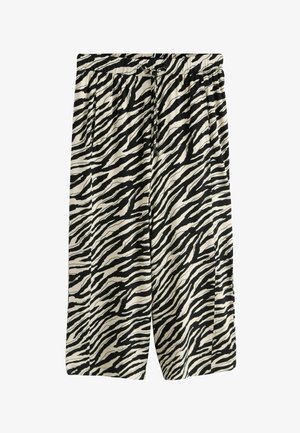 Pantaloni largi cu imprimeu zebrat alb-negru, cu talie elastică și șnur de ajustare.