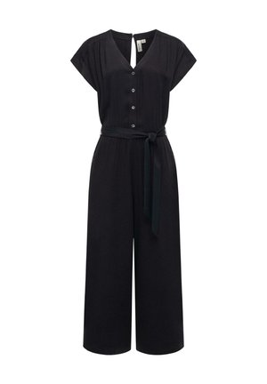 Schwarzer Jumpsuit mit kurzen Ärmeln, V-Ausschnitt, Knopfleiste und gebundenem Taillengürtel. Verfügt über weite Beine und ein Keyhole-Rücken-Detail.
