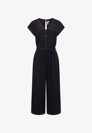 Svart jumpsuit med korta ärmar, V-ringning, knapprad framtill och en knytning i midjan. Har vida ben och en nyckelhålsdetalj i ryggen.