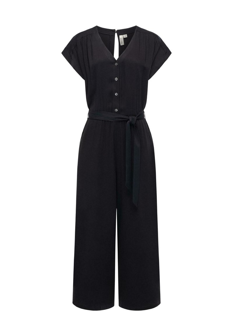 Svart jumpsuit med korta ärmar, V-ringning, knapprad framtill och en knytning i midjan. Har vida ben och en nyckelhålsdetalj i ryggen.