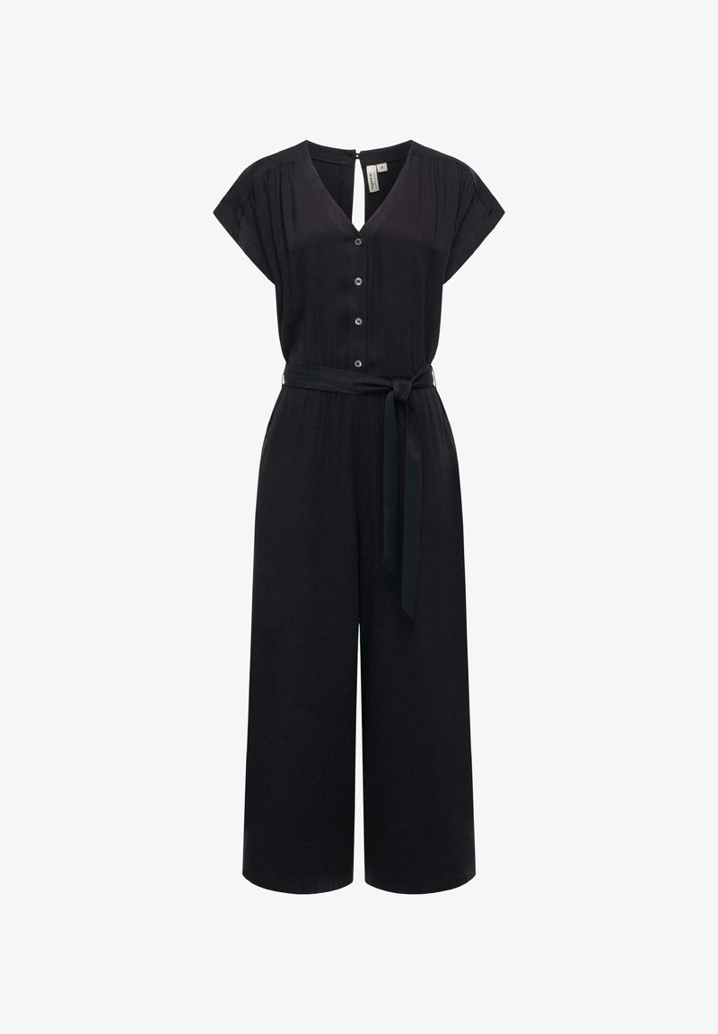 Black jumpsuit with short sleeves, V-neck, button-down front, and a tied waist belt. Features wide legs and a keyhole back detail.
