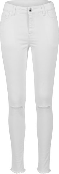 Jeans skinny de mezclilla blanca con cintura de media altura, que presentan cortes desgastados en las rodillas y dobladillos deshilachados. Tejido suave y elástico.