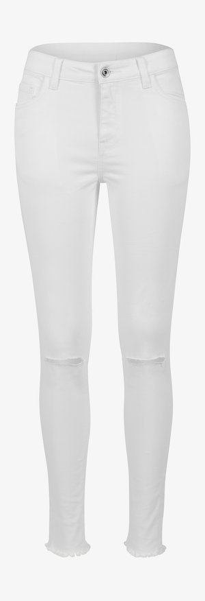 Valged teksased skinny-jeansid keskmise tõusuga, millel on kulunud põlvekohad ja toored ääred pahkluude juures. Sile ja veniv kangas.