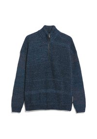Gestrickter Pullover in Dunkelblau mit hellblauen Fäden, ausgestattet mit einem halben Reißverschluss am Kragen sowie einem gerippten Saum und Bündchen für Struktur.