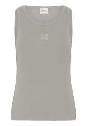 Grå ribbad linne med rund halsringning och ärmlös design. Har en subtil broderad logotyp på bröstet.