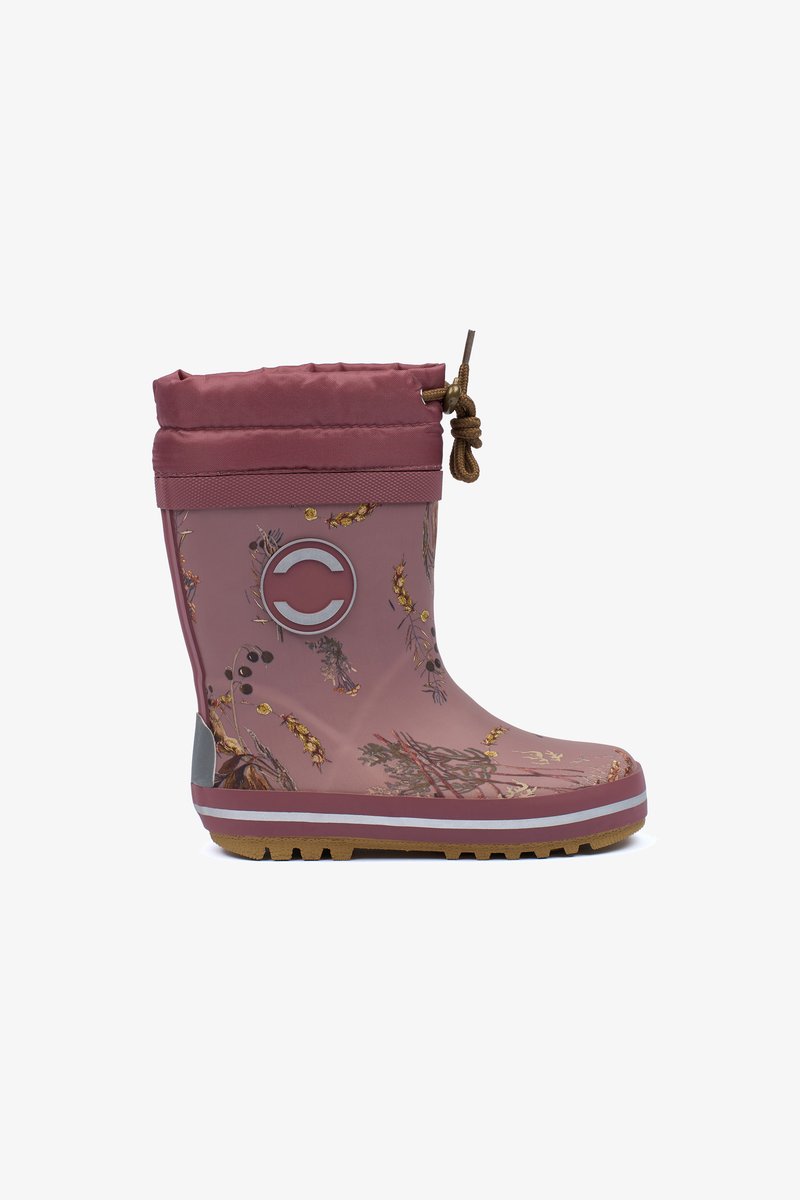 Botas impermeables rosas con patrón floral, parte superior ajustable con cordón, acento gris, suela de goma y adherencia texturizada.