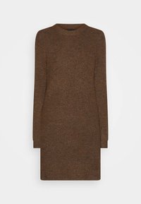 Robe pull en maille de couleur marron foncé, avec un col rond et des manches longues. Tissu texturé avec une coupe droite, longueur au genou.