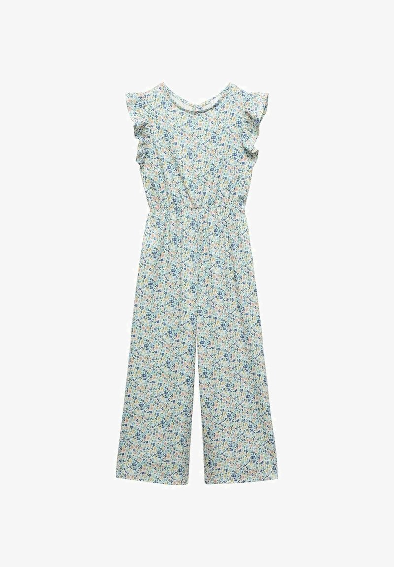 Combinaison fleurie avec manches courtes à volants, taille élastique et coupe à jambes larges, de couleur bleu clair avec des fleurs multicolores.