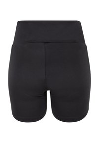 Svarte høyt midjede shorts laget av et glatt, elastisk stoff. Har en tettsittende passform og et rent, enkelt design. Ingen synlige mønstre eller detaljer.