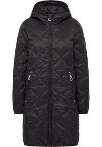 Zwarte gewatteerde parka met een capuchon, voorzien van een voorrits en twee ritssluitingen aan de zijkant. Glad materiaal met een glanzende afwerking.