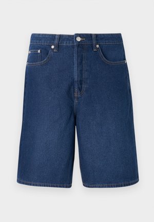 Denim shorts in a dark blue shade with a classic cut, featuring five-pocket design and contrasting stitching details.
