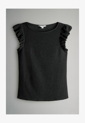 Zwarte top van een textuurstof, met een ronde halslijn en geruimde korte mouwen. Geen patronen of extra versieringen.