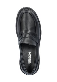 Black leather loafer with a smooth texture, featuring a decorative strap, rounded toe, and subtle stitching along the sole. Size 37.