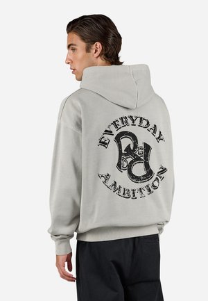 Light gray hoodie made of cotton blend, featuring a large black graphic print reading "EVERYDAY AMBITION" on the back. Soft texture, relaxed fit.