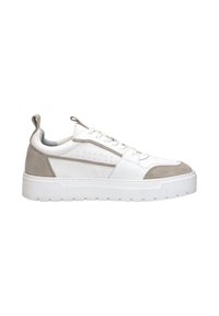 White sneakers featuring a smooth leather upper with suede accents, a thick white sole, and a streamlined design. Lace-up closure with a pull tab.