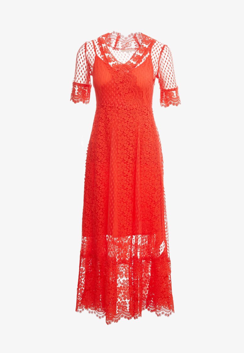 Robe midi en dentelle rouge avec des motifs floraux, manches courtes, encolure en V et ourlet festonné.