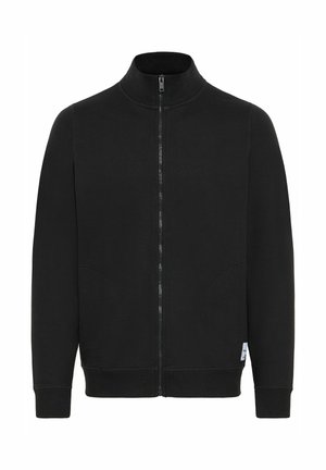 Juoda zip-up striukė su aukštu apykakle, pagaminta iš minkštos medžiagos, turinti dvi šonines kišenes ir raištinius rankogalius bei juosmenį.