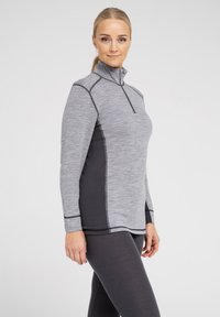 Grå zip-up sportsbluse med teksturerede sorte sidepaneler og kontrastsyede sømme. Lange ærmer og høj krave, velegnet til aktiv brug.