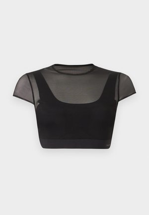 Melns cropped tops ar caurspīdīgām īsām piedurknēm un augšējo krūšu daļu, apaļas kakla līnijas un cieši pieguļošas vienkrāsainas melnas krūšu daļas dizainu.