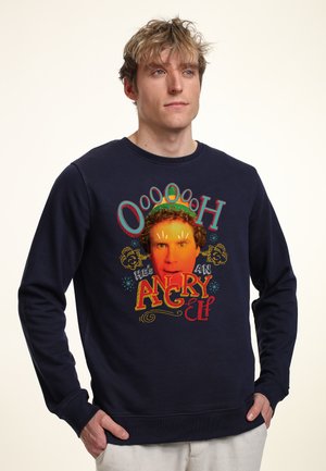 Sudadera azul marino hecha de tela suave con un estampado gráfico colorido de una cara y el texto "OooooH Él es un Elfo ENFADADO."