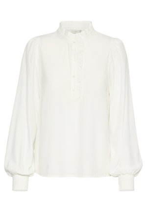 White blouse with a high ruffled collar, front button closure, and long sleeves featuring elasticated cuffs. Made from lightweight fabric.