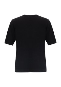 Černý svetr s krátkými rukávy a kulatým výstřihem, vyrobený z hladké pletené látky, s jednoduchým designem a rovný střihem.