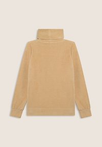 Felpa beige a collo alto in pile con maniche lunghe, polsini a costine e un alto colletto. Materiale morbido e testurizzato con dettagli di cucitura minimi.