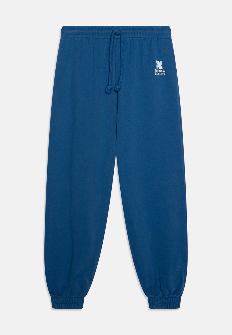 Pantaloni in cotone blu con cintura elastica e cordino. Le coppe sono aderenti alle caviglie. Presentano un logo bianco sul lato.