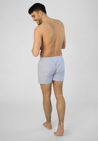 Boxer shorts in cotone con strisce blu e bianche da uomo, con vita elastica, caratterizzati da una vestibilità comoda e una superficie liscia, mostrati dal retro.