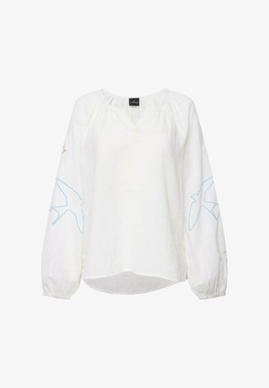 Blusa bianca in lino con maniche lunghe, caratterizzata da ricami di uccelli blu e oro sulle maniche. Design a scollo a V con dettaglio arricciato sul collo.