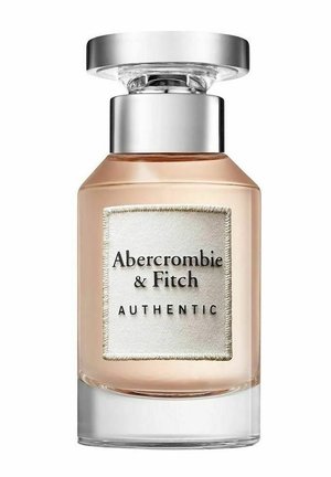Glas parfume flaske med lyserød væske, sølvkapsel og stofetiket med påskriften "Abercrombie & Fitch Authentic."