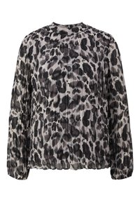 Blouse à manches longues avec imprimé léopard abstrait noir et gris, tissu plissé, col rond haut et poignets et ourlet élastiqués.