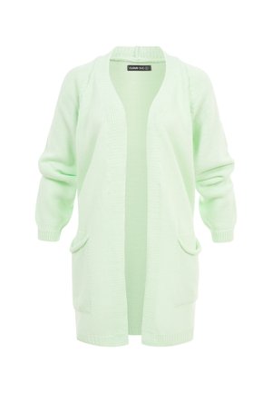 Lys grønn strikket åpen-front cardigan med lange ermer og to fremre lommer.