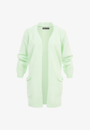 Lys grønn strikket åpen-front cardigan med lange ermer og to fremre lommer.