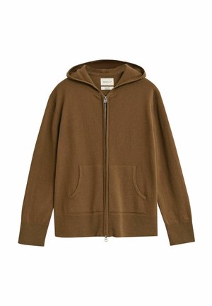 Brauner Zip-Hoodie aus weichem Stoff, mit Kapuze, zwei Fronttaschen und ribbed Bündchen. Minimalistisches Design ohne Muster oder Akzente.
