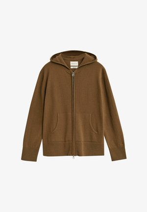 Brauner Zip-Hoodie aus weichem Stoff, mit Kapuze, zwei Fronttaschen und ribbed Bündchen. Minimalistisches Design ohne Muster oder Akzente.