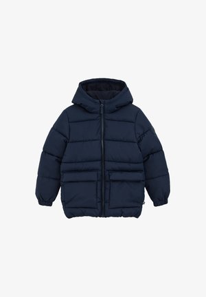 Tumesinine puhv jacket kapuutsiga, esi tõmblukuga, elastsete mansettidega ja kahe esi taskuga. Omab tikitud disaini soojustamiseks.