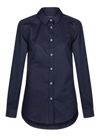Marineblauwe blouse met lange mouwen, kraaghals, knoopsluiting aan de voorkant en afgeronde zoom. Gemaakt van een gladde stof met een subtiele glans.