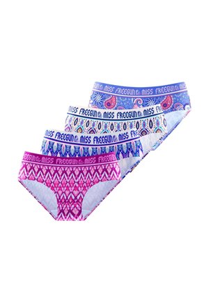 Quatre paires de culottes pour femmes à motifs en violet, bleu et multicolore, chacune avec une ceinture étiquetée "Miss Freegun".