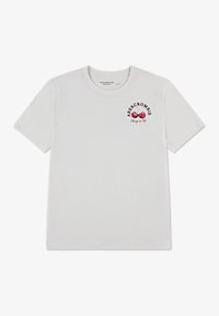 Λευκό βαμβακερό κοντομάνικο μπλουζάκι με εκτυπωμένη εικόνα κερασιών και κείμενο "Abercrombie Cherry on Top" στο αριστερό στήθος.