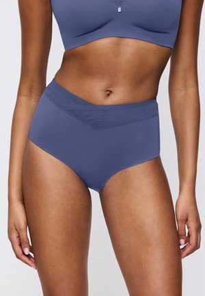 Hoge taille damesonderbroeken van zacht, rekbaar, slate-blauw stof met een gladde textuur en een minimalistisch design.