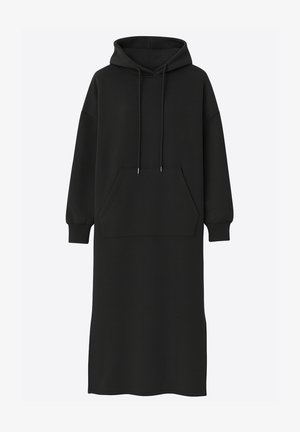 Schwarzes Kapuzenkleid aus weichem Stoff, mit Kängurutasche, langen Ärmeln und lockerem Schnitt. Einfaches Design ohne Muster.