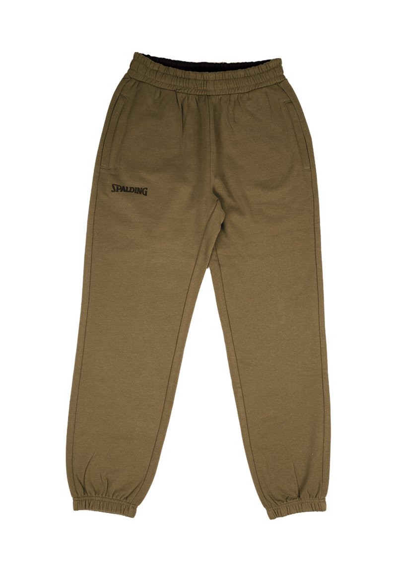Olijfgroene sweatpants van zacht materiaal, met een elastische tailleband en boorden, zijzakken en het Spalding-logo.
