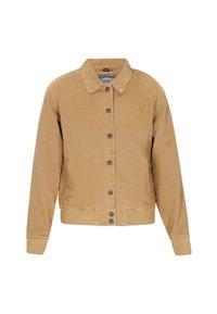 Világosbarna, gombos kabát, gallérral, bordás mandzsettával és alsó résszel, oldalsó zsebekkel, valamint egy kis horgony emblémával a mellrészen.