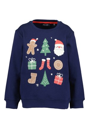 Granatowa dziecięca bluza z nadrukami o tematyce bożonarodzeniowej: piernikowy ludzik, twarz Mikołaja, choinki, prezenty, skarpety, paskowane skarpetki i ciasteczko.